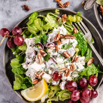 Chicken salad with grapes and lettuce in a bowl.