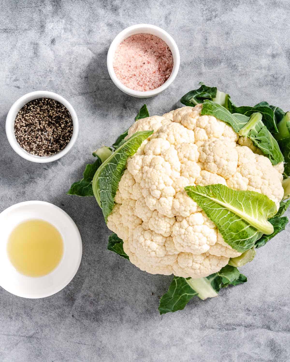 cauliflower rice with oil, salt, and pepper for roasted cauliflower.