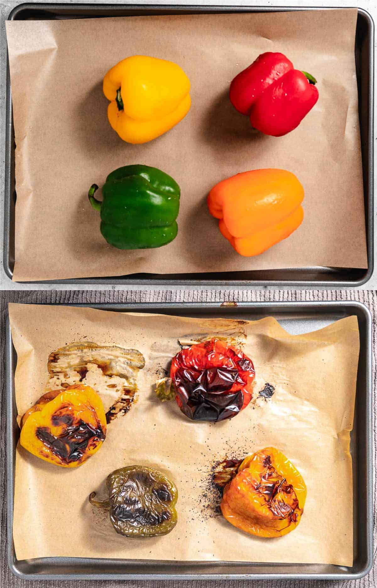 Roasted peppers on sheet pan.