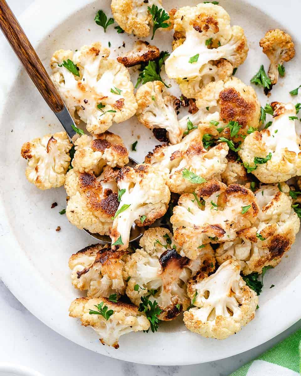 cauliflower on plate with fork