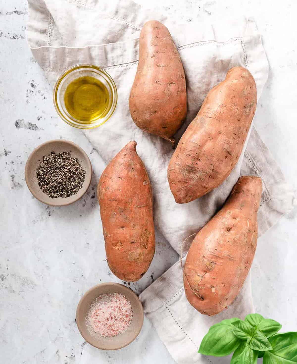 sweet potatoes, oil, salt, pepper, basil