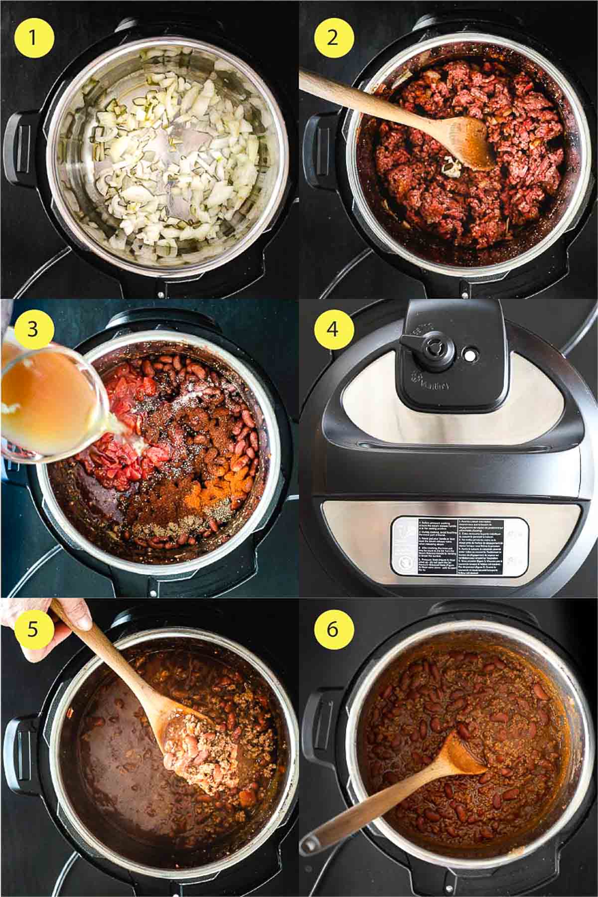 instant pot chili in pot with step by step instructions.