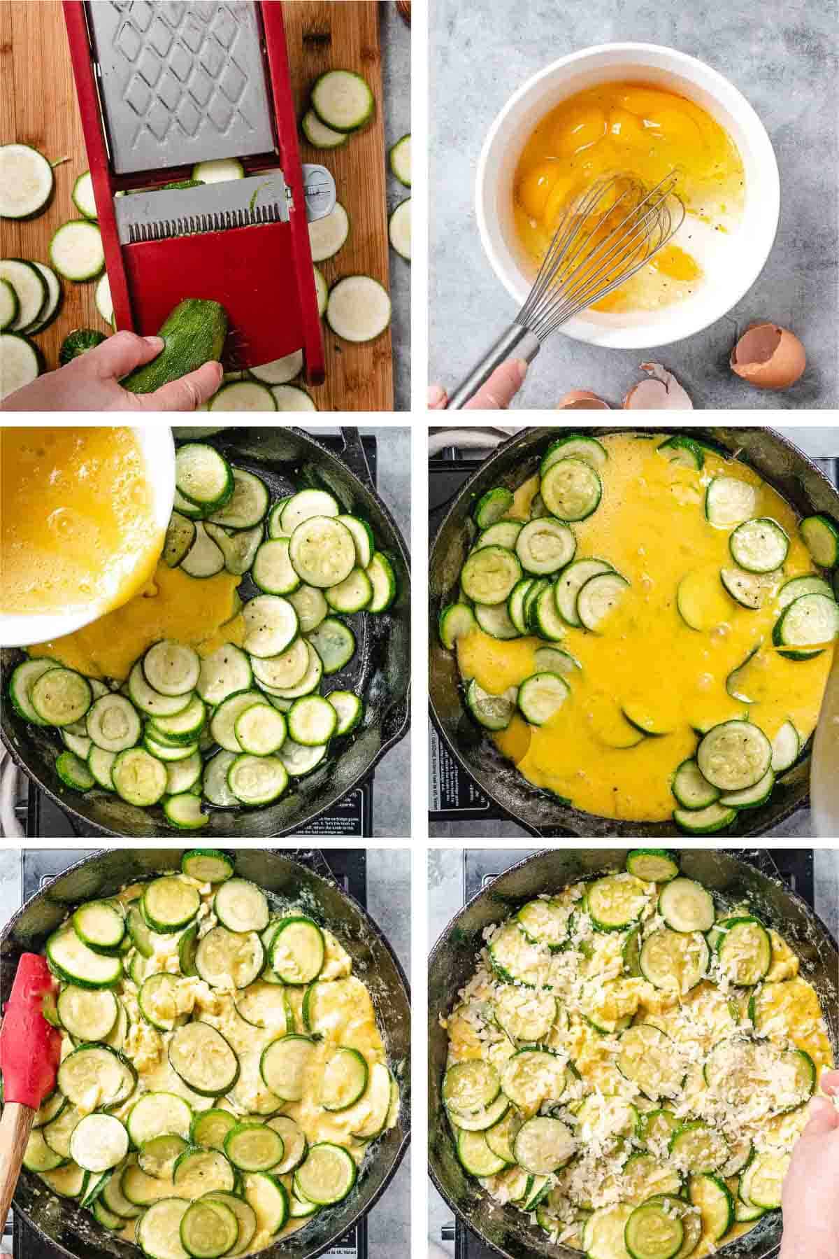 Step-by-step pictures of zucchini frittata.