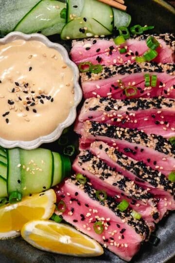 Seared tuna with dipping sauce.