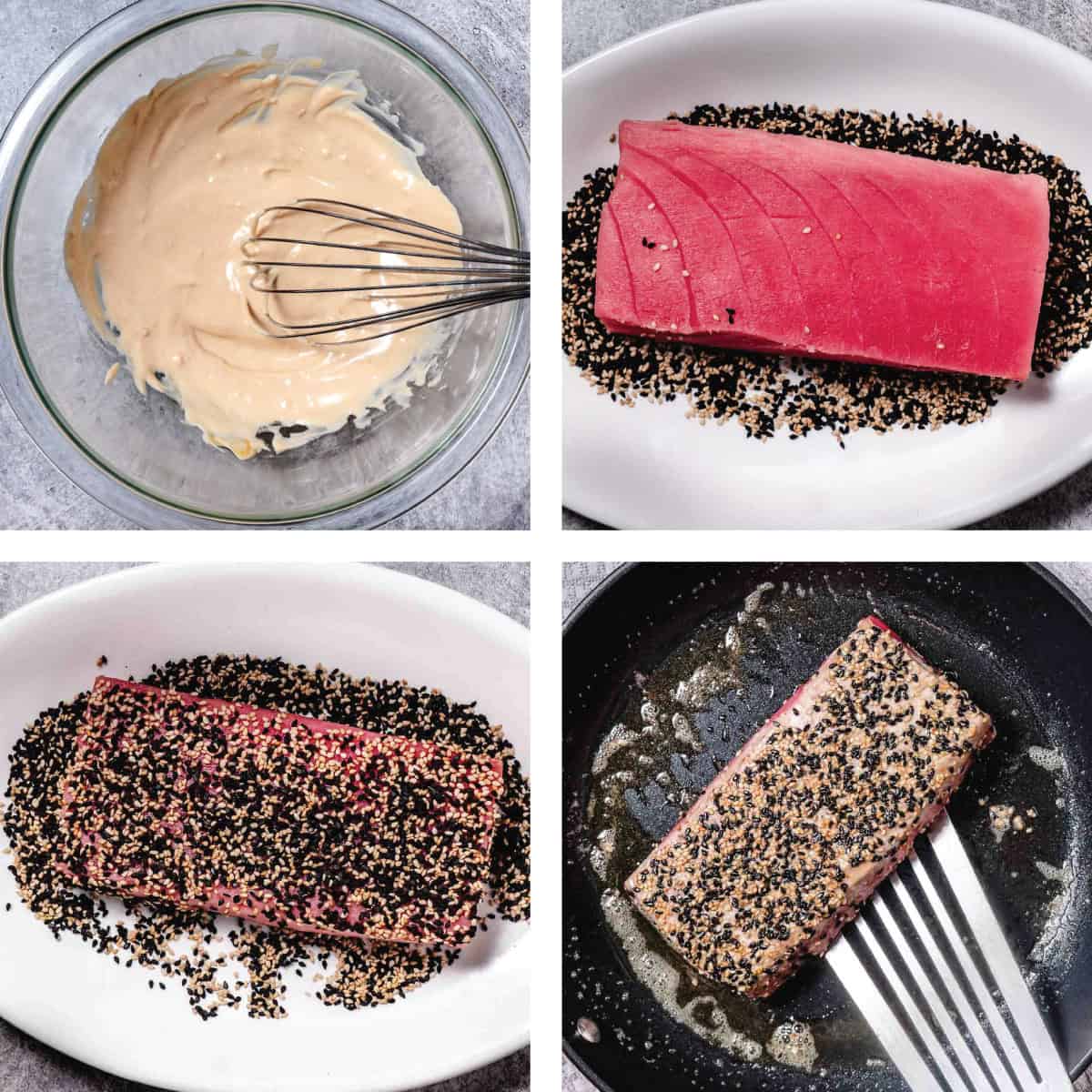 step by step images of searing tuna steak