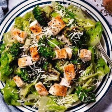 caesar salad with roasted broccoli and chicken croutons