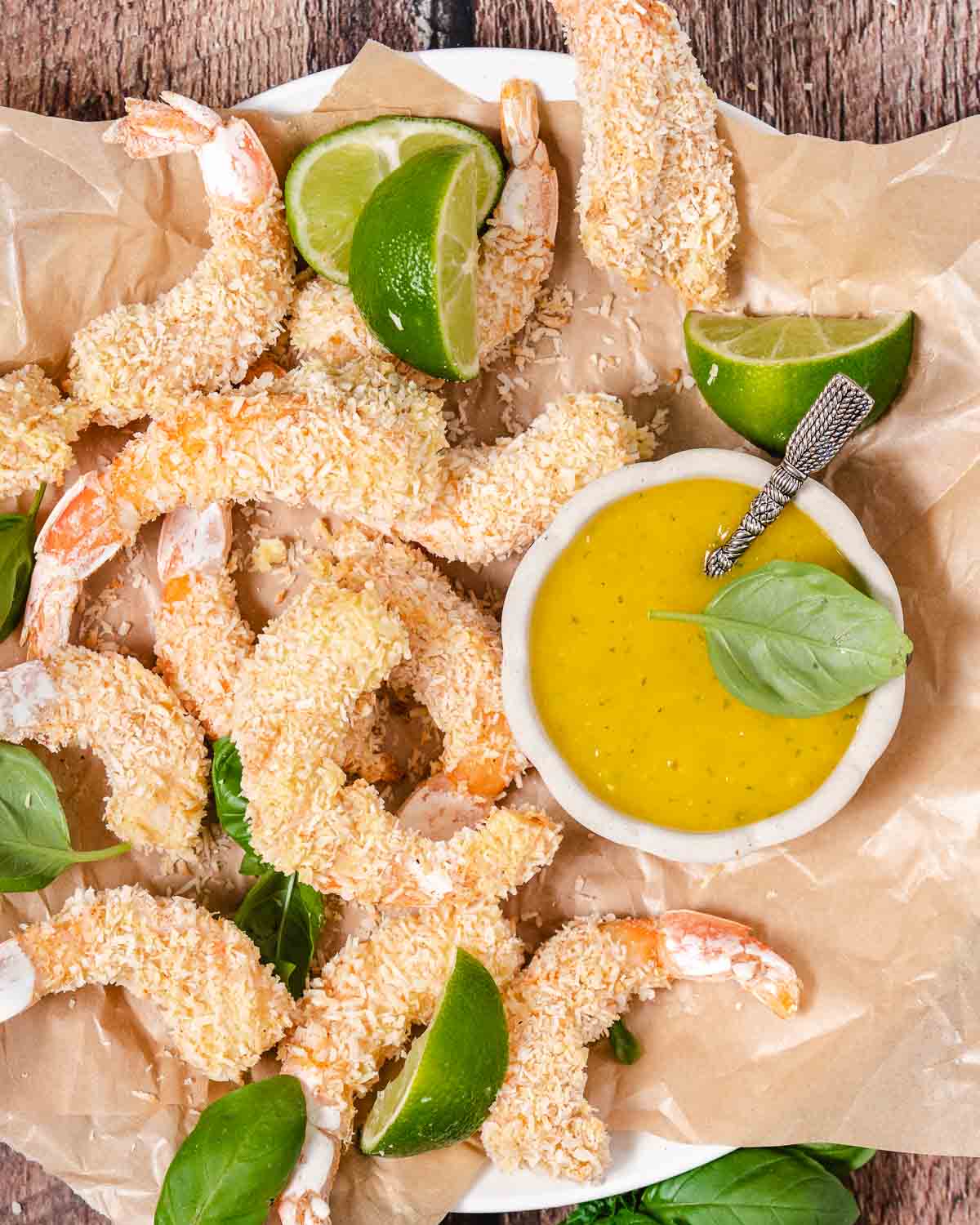 Basked coconut shrimp with dipping sauce.