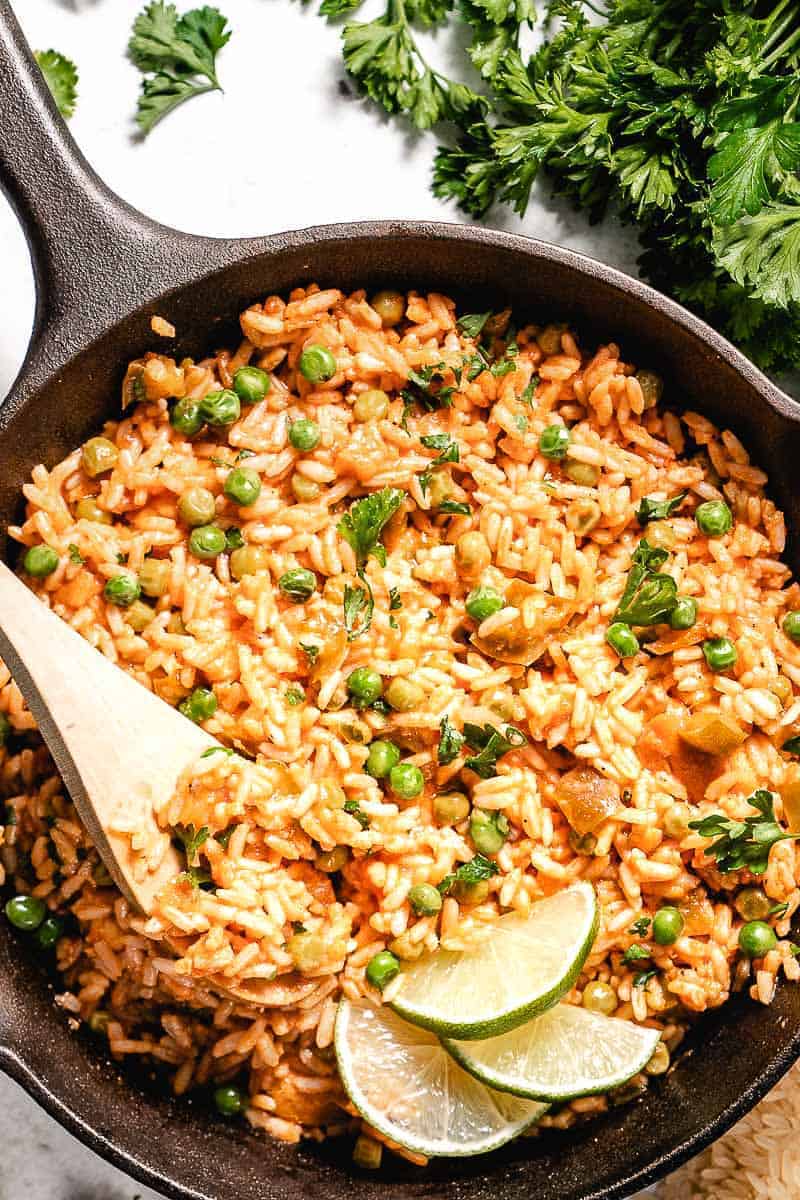 Spanish rice in a cast iron skillet.