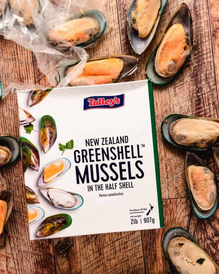 Talleys new zealand green mussels in a box.