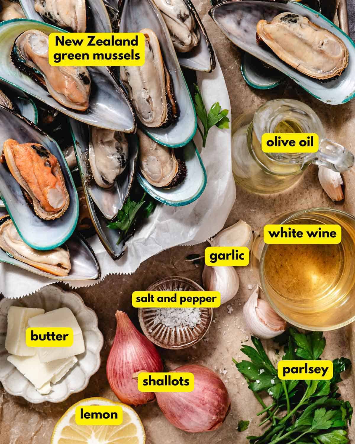 New Zealand green mussels with olive oil, white wine, garlic, shallots, butter, lemon, parsley, salt, and pepper.
