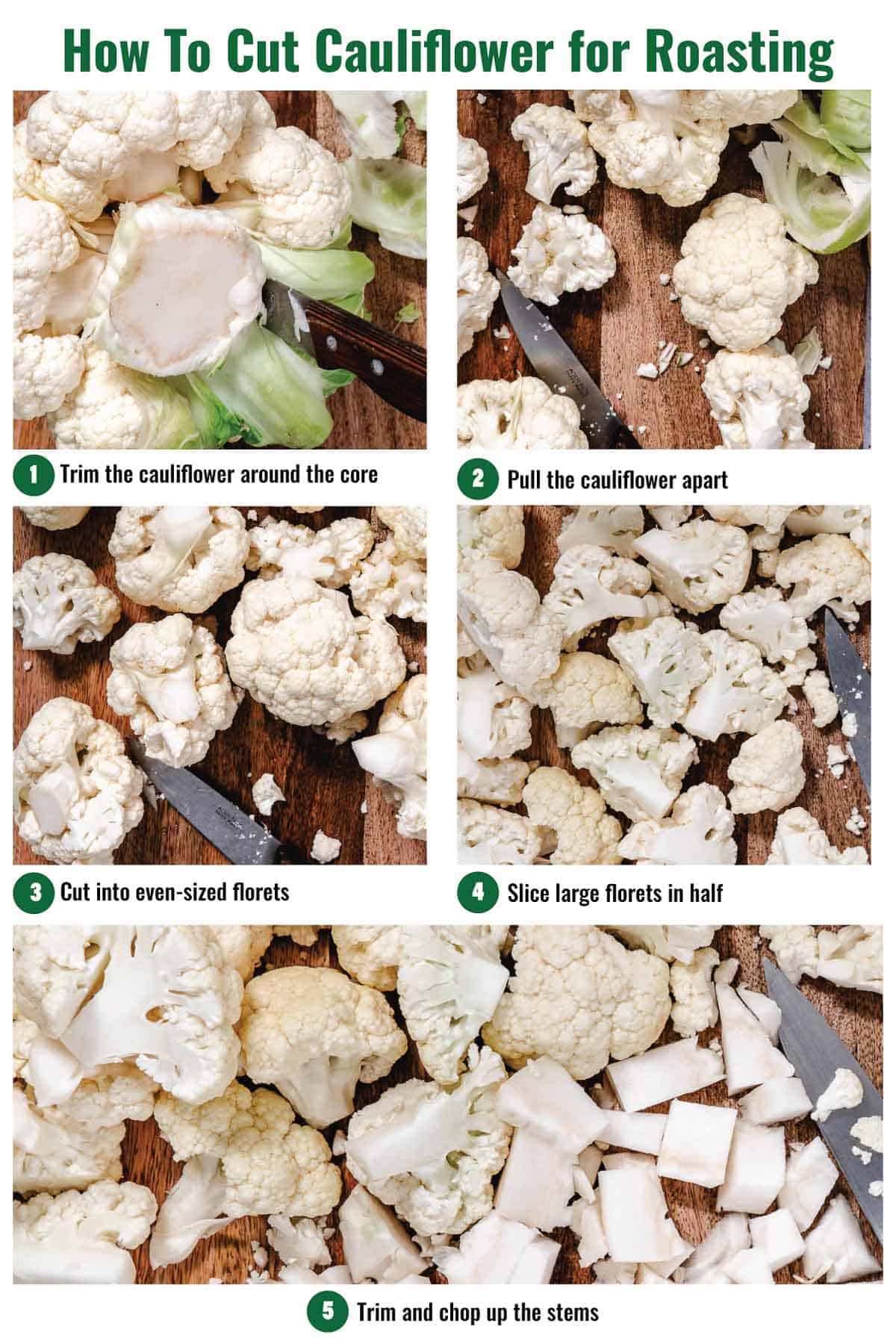 How to cut cauliflower for roasting by removing the core, separating the florets, slicing large florets in half, and chopping the stems.