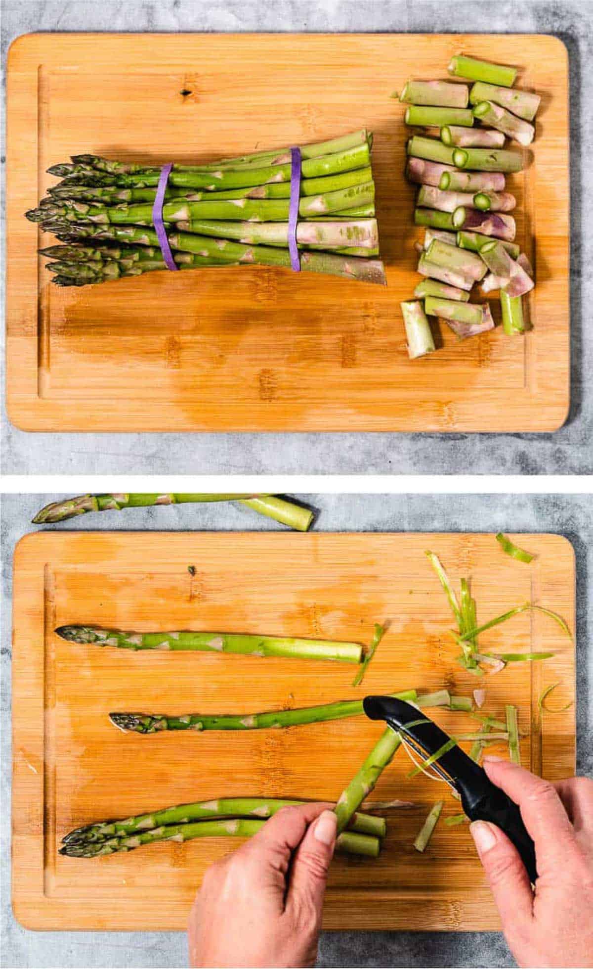 Shaving the stalk of the asparagus for roasting.