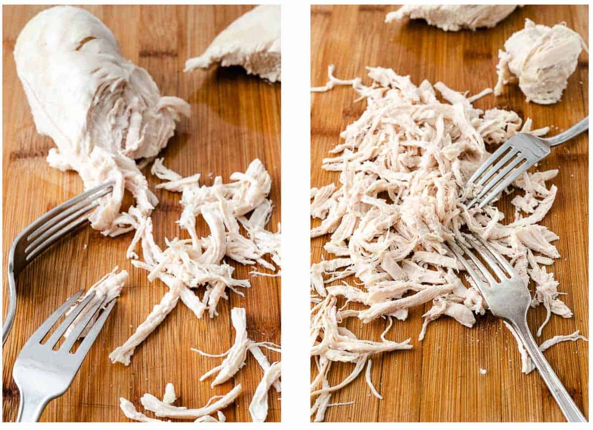 How to shred chicken with forks on a board.