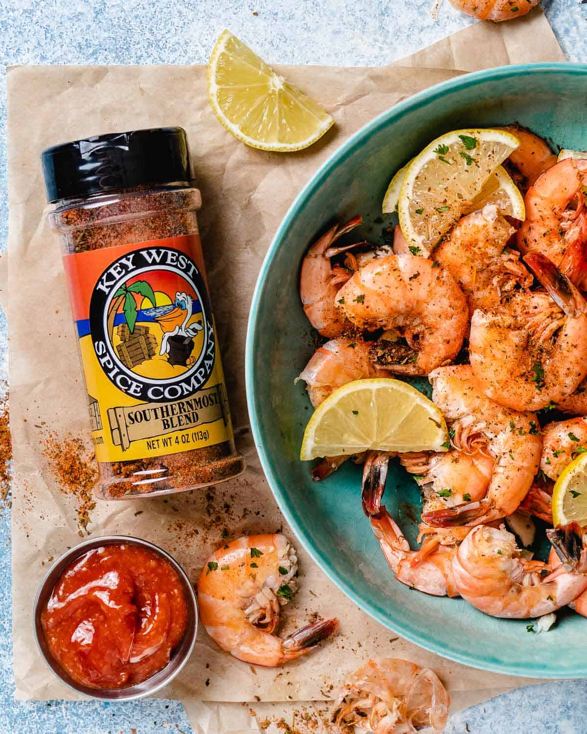 key west seasonings on peel and eat shrimp with cocktail sauce