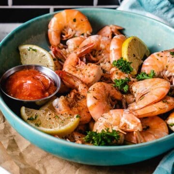 Peel and eat key west shrimp in a bowl.