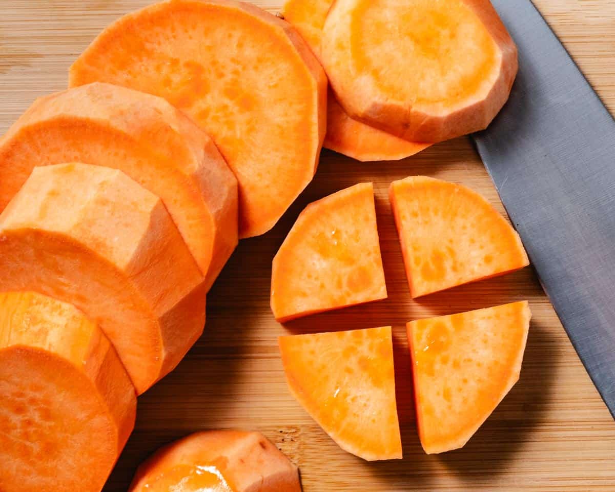cubing sweet potatoes