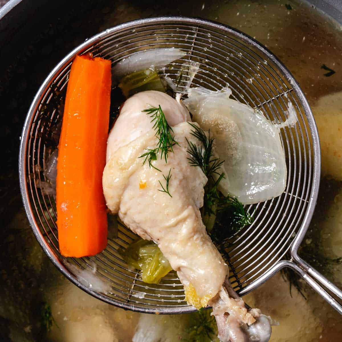 Poached chicken leg with carrots, onion, celery, and fresh dill lifted from old-fashioned chicken soup