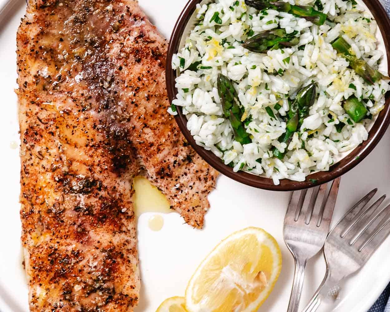 snapper with asparagus rice