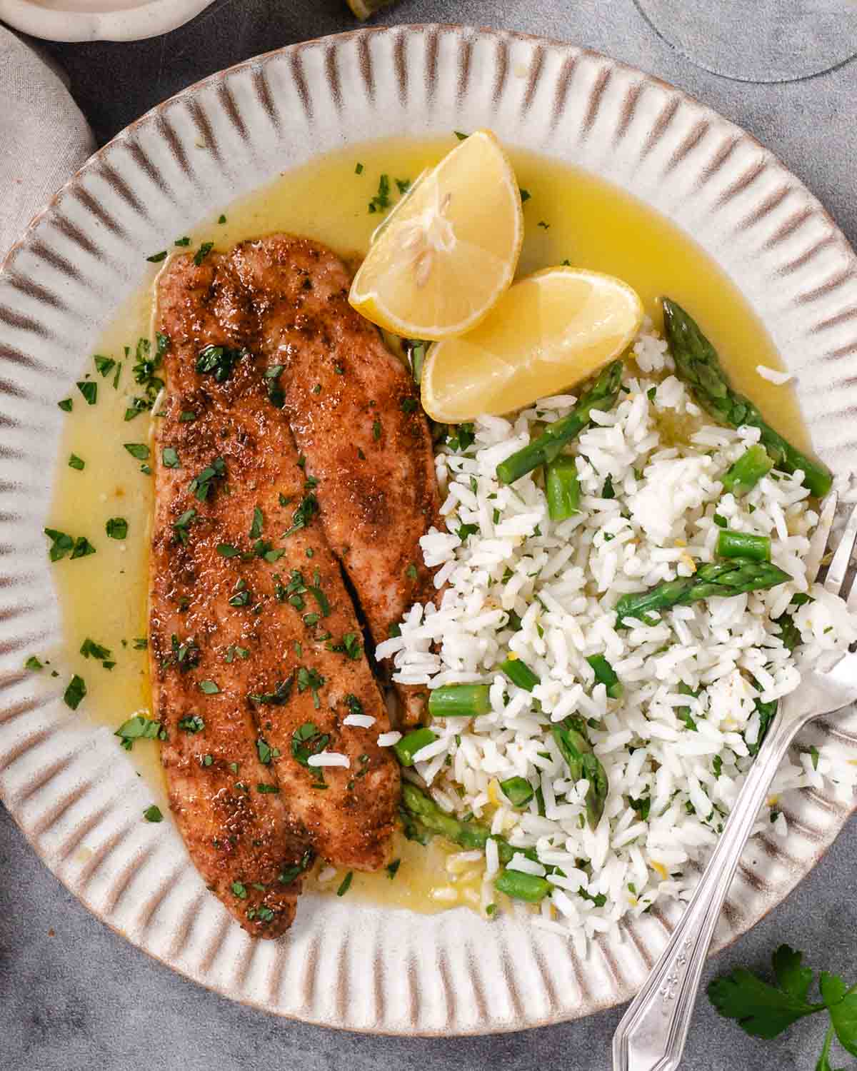 Oven roasted yellowtail snapper with rice on white plate.