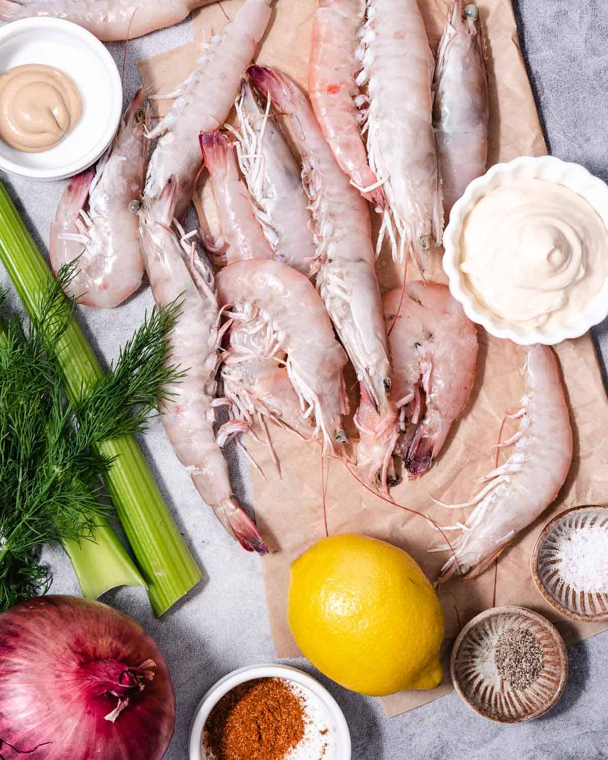 Shrimp, celery, onions, mayo, dill, spices for shrimp salad.