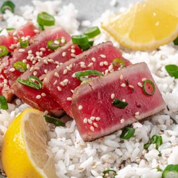 Seared tuna with sesame seeds.