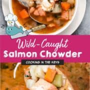 Salmon chowder in a pot and on a spoon.