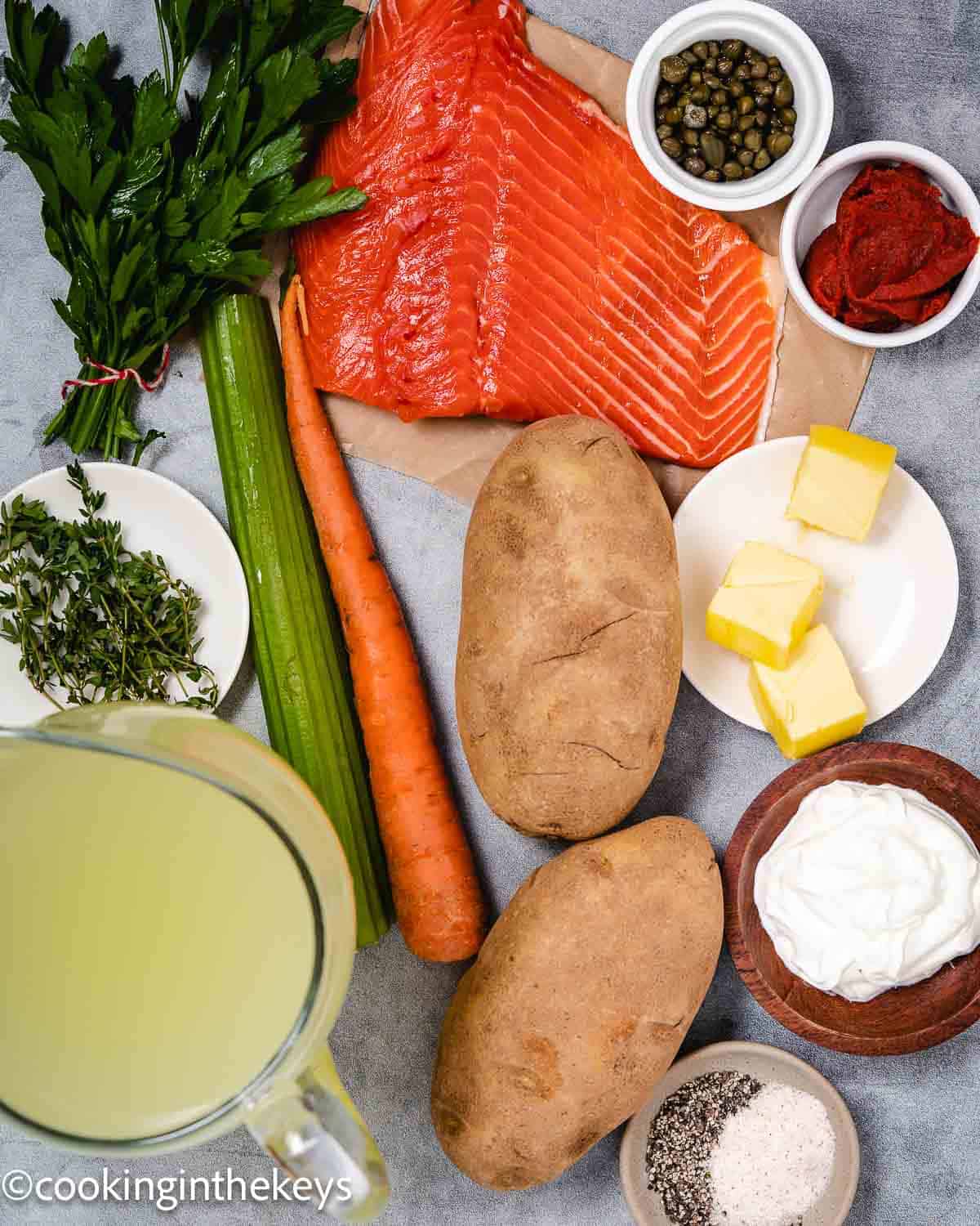 Salmon, potato, carrot, celery, seafood stock butter, parsley, capers, seasonings for howder.