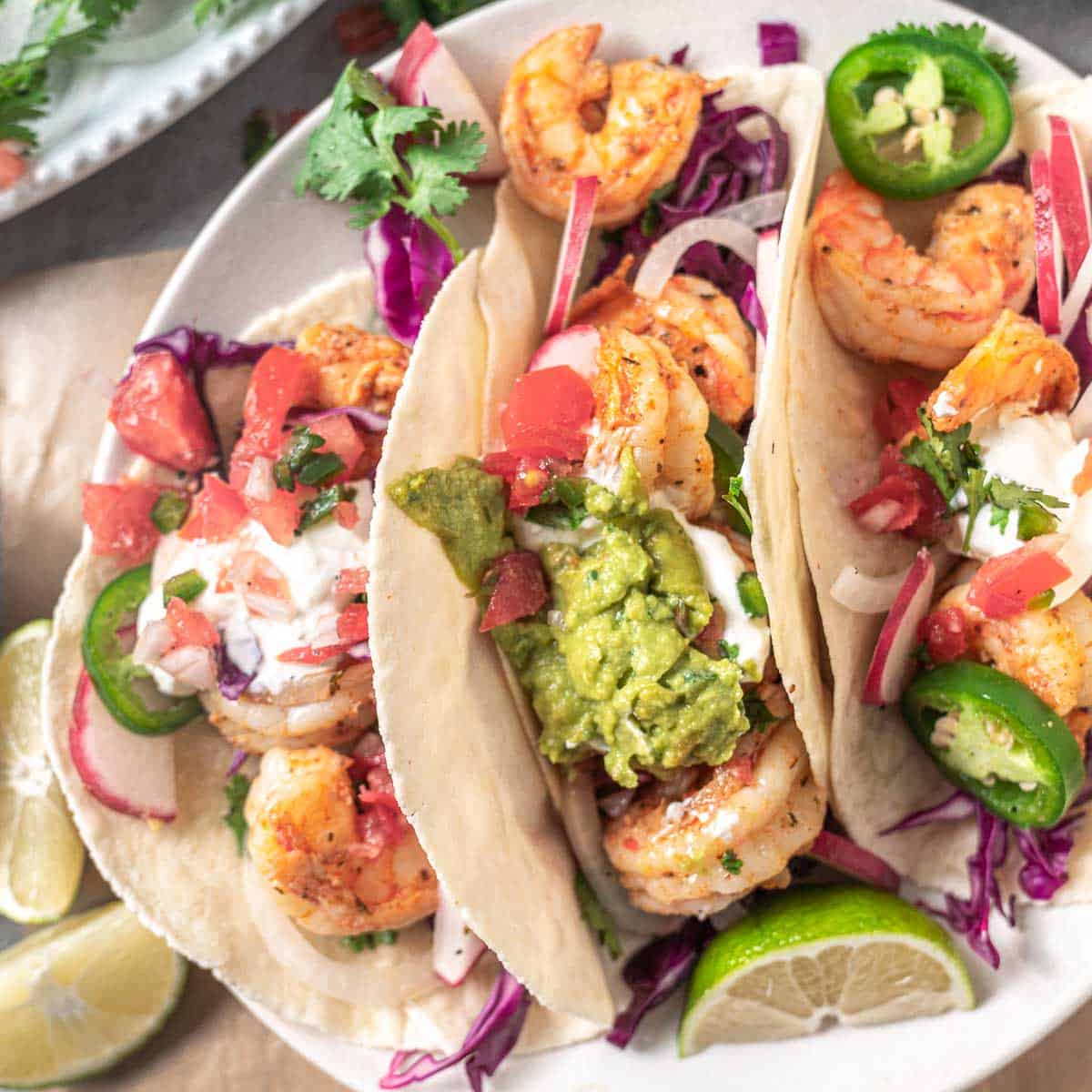 Healthy shrimp tacos with Siete tortillas.