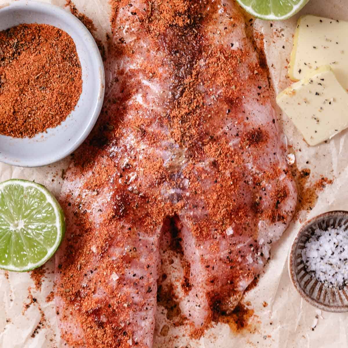 Raw yellowtail snapper fillet with blackened seasoning, butter, olive oil, limes, and salt