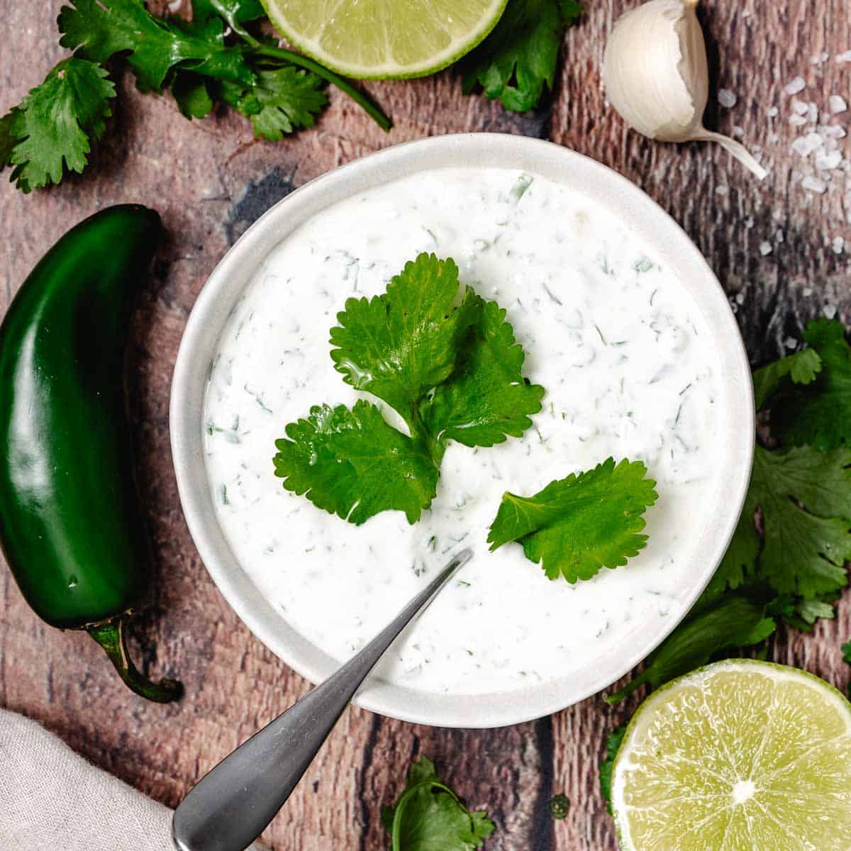 Sour cream sauce with lime, garlic, and cilantro.