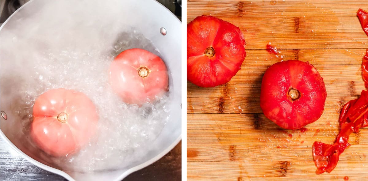 Shocking tomatoes to remove the skin.