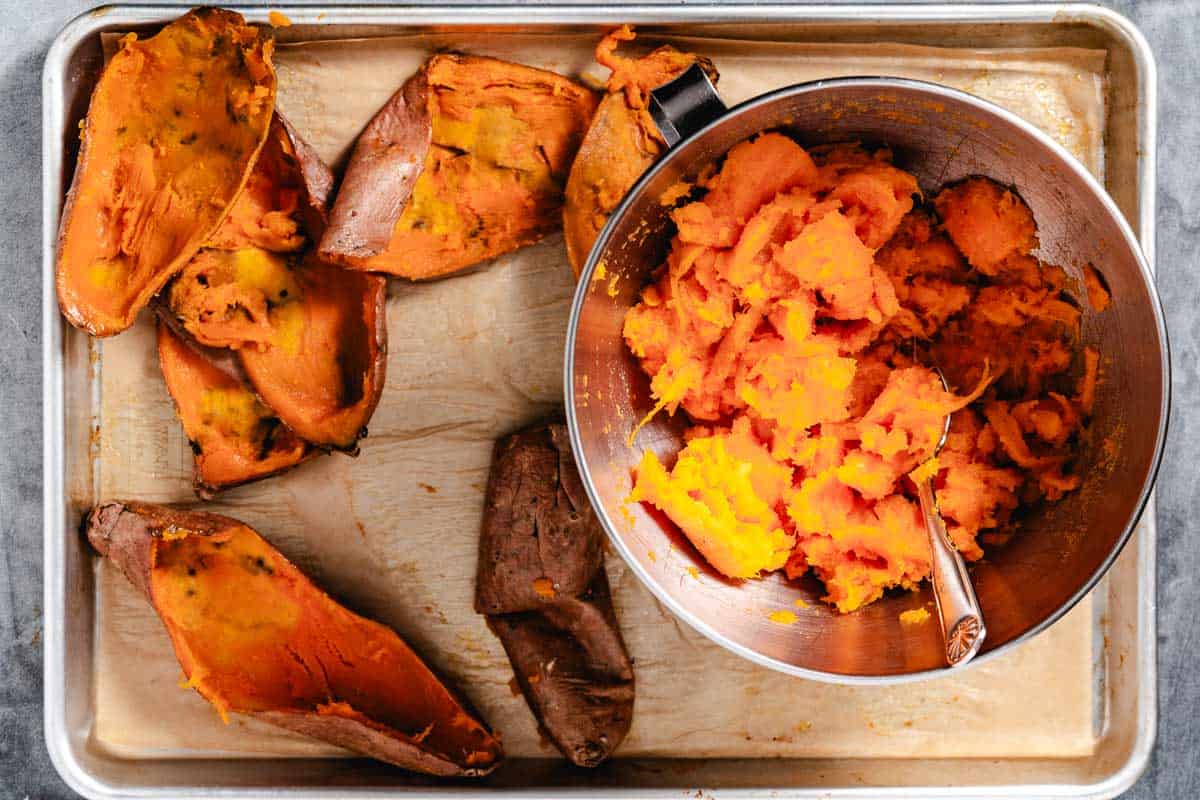 Whipped sweet potatoes on a sheet pan.