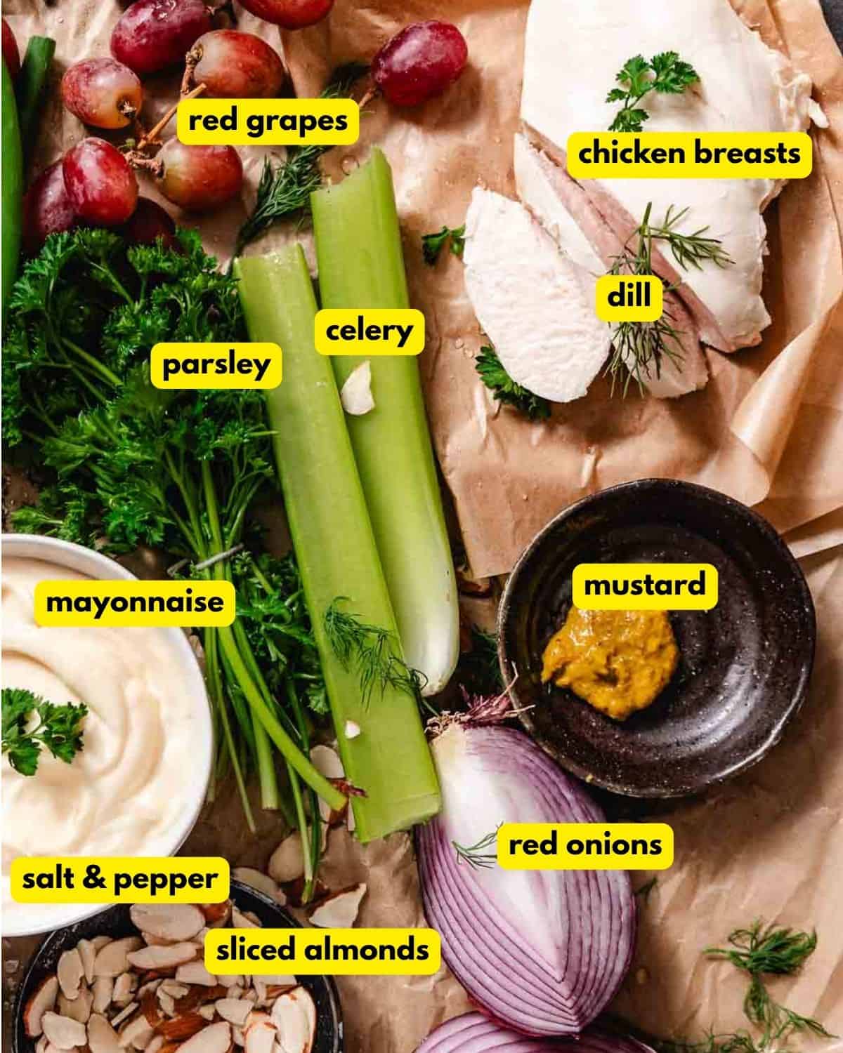 Ingredients for chicken salad with grapes and dill