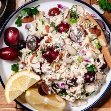 chicken salad with grapes, celery, mayo, and almonds