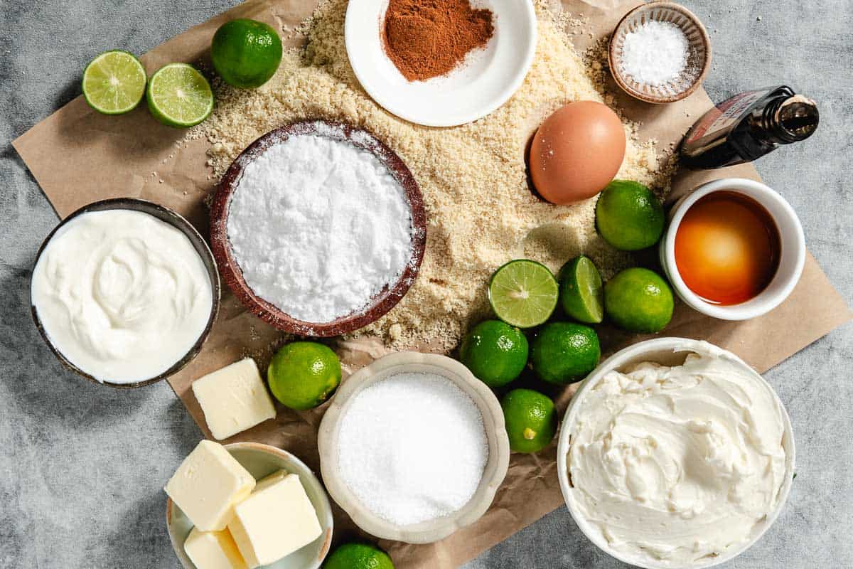 Ingredients for gluten-free key lime cheesecakes.