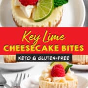 Key Lime Cheesecake Bites with raspberry and mint leaves.
