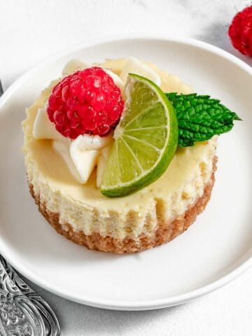 Tiny cheese cake with raspberry and mint leaf and key lime slice on white plate.