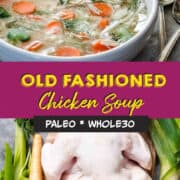 Old fashioned chicken soup in white bowl.