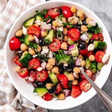 Cucumber feta salad with olives and tomatoes.