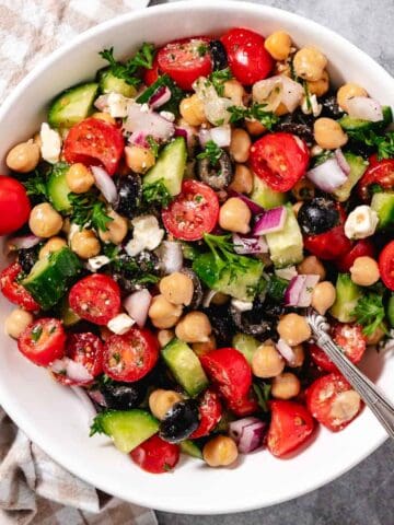 Cucumber feta salad with olives and tomatoes.