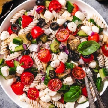 Gluten free pasta salad with mozzarella and tomatoes.