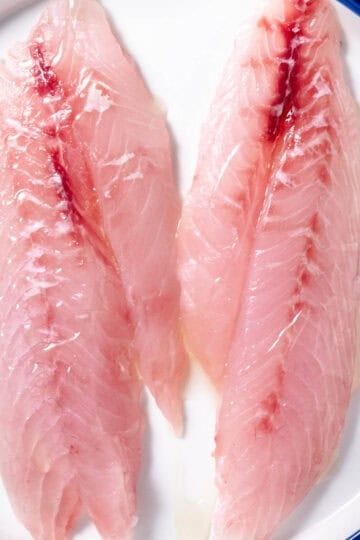 mangrove snapper fillets on a white plate.