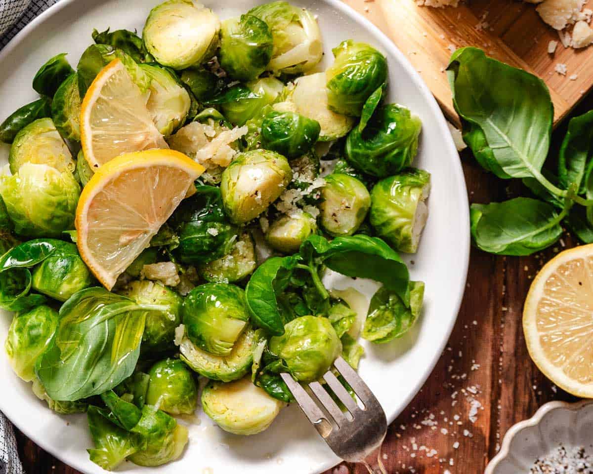 steaming Brussels sprouts with basil and lemon