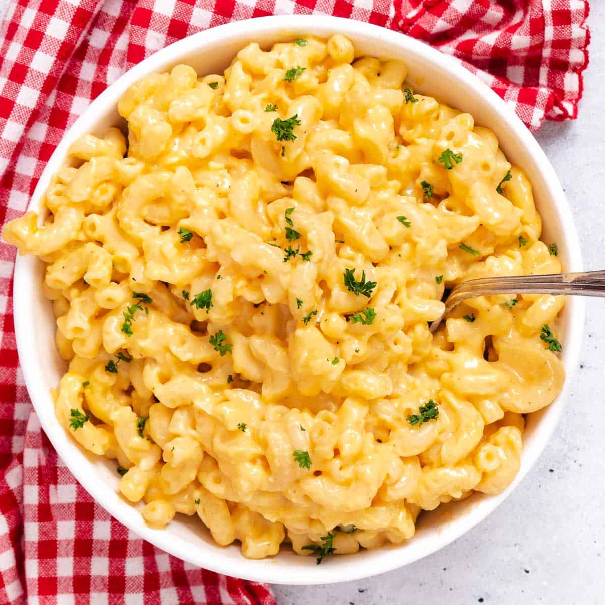 Stovetop mac and cheese in a bowl.