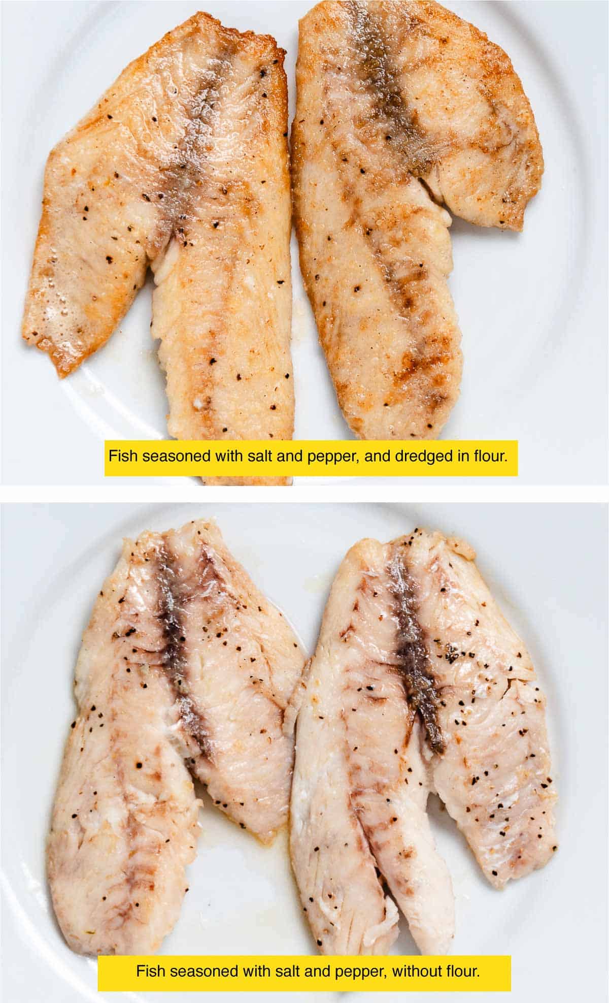 Comparison if fish thats floured before cooking and fish with no flour.