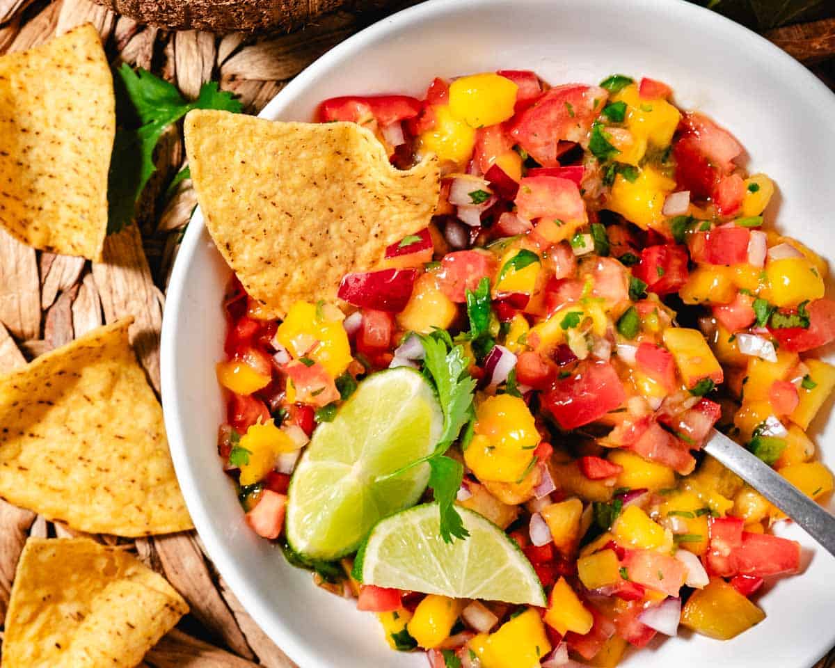 bowl of peach mango japapeno salsa