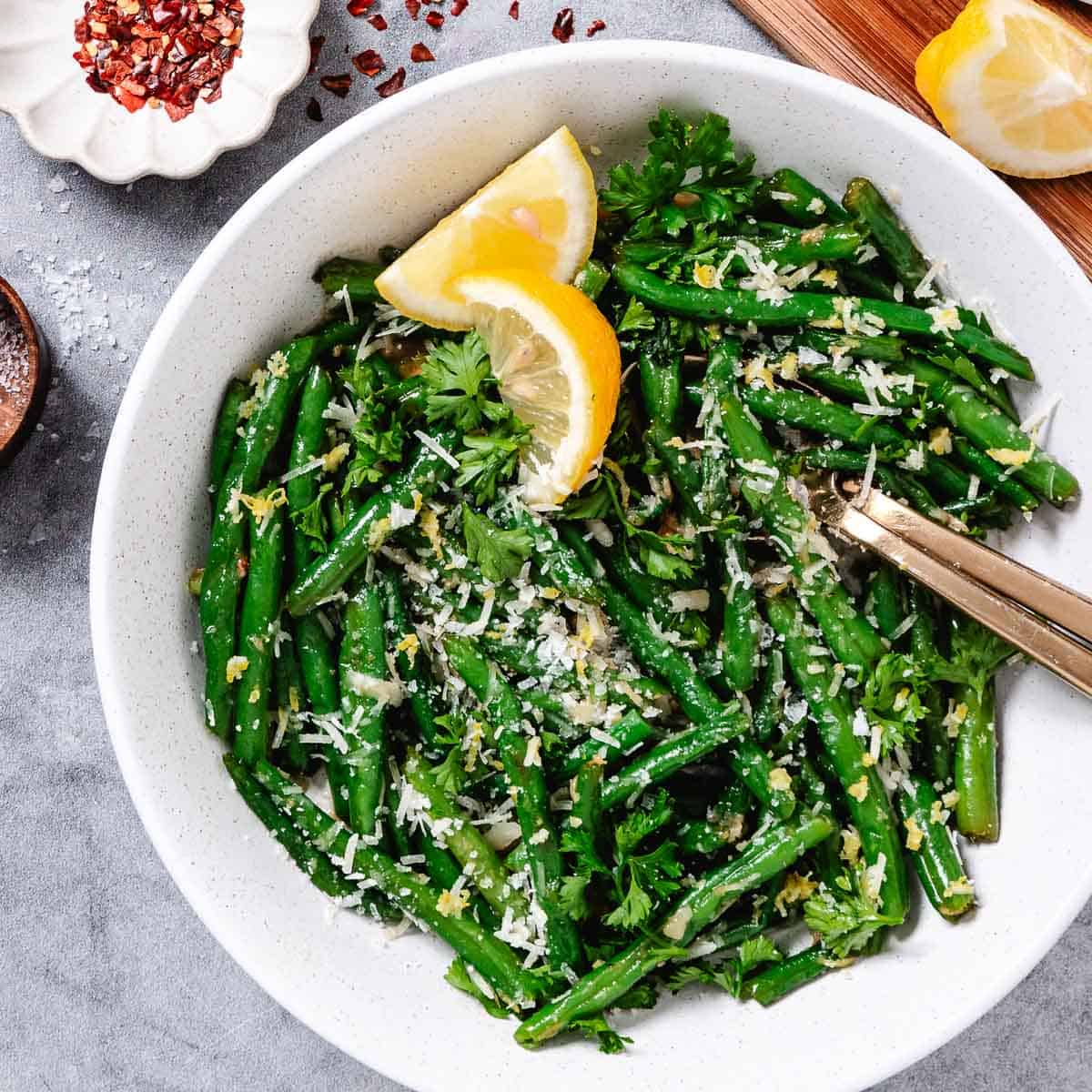 green beans with garlic, lemon zest and parmesan cheese.