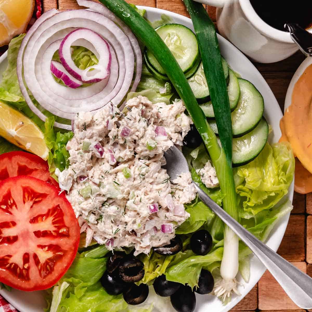 Old-fashioned tuna salad with crisp lettuce, sliced tomato, cucumber, and scallions