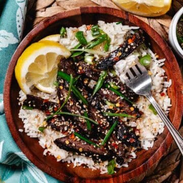marinated ssoy ginger skirt steak over rice