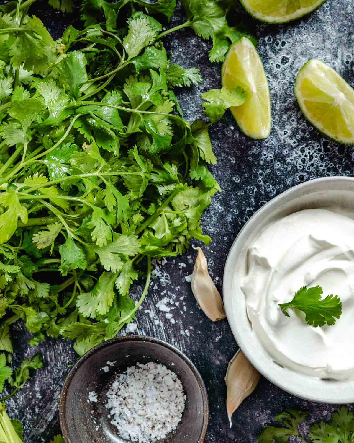 cilantro, limes, garlic, salt, and sour cream